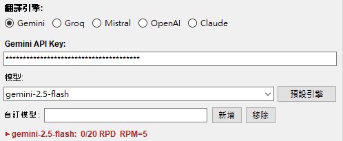 翻譯操作頁籤中 API Key 輸入欄位